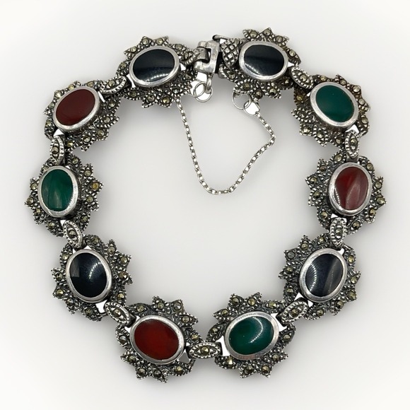 Vintage Marcasite Bracelet Sterling Silver Signed MC Marsala Art Deco Sz 6.5 26g
